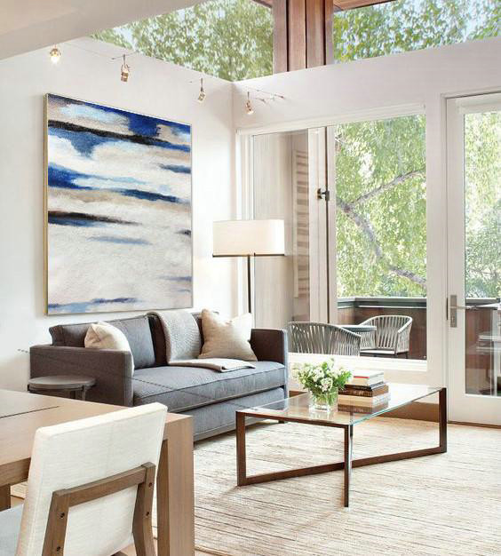 Oversized Abstract Landscape Painting,Hand Painted Original Art,White,Gray,Blue